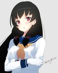  black_hair crossed_arms gloves hair_ribbon isokaze_(kantai_collection) kantai_collection long_hair looking_at_viewer red_eyes ribbon school_uniform serafuku sketch solo touyama_eight 