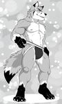  abs aluminemsiren biceps big_muscles bulge canine chest_tuft clothing eyewear fox fur glasses greyscale jockstrap male mammal monochrome muscular nipples pecs standing tuft underwear underwear_pull y-foxy 