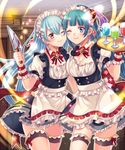  blue_eyes blue_hair breasts cleavage knife maid maid_headdress medium_breasts multiple_girls official_art one_eye_closed red_eyes senjou_no_electro_girl shina_shina small_breasts thighhighs wrist_cuffs 