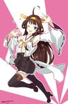  ahoge bare_shoulders blush brown_hair detached_sleeves double_bun hairband headgear highres japanese_clothes kantai_collection kongou_(kantai_collection) long_hair nontraditional_miko one_eye_closed remodel_(kantai_collection) smile solo thighhighs touyama_eight zettai_ryouiki 