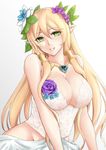  blonde_hair blush breasts bustier cleavage dress freyja_(p&amp;d) green_eyes hat highres jewelry large_breasts long_hair looking_at_viewer necklace no_panties open_mouth parted_lips pointy_ears puzzle_&amp;_dragons smile solo terry_(pixiv3274443) 