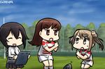  brown_eyes brown_hair commentary dated double_bun hamu_koutarou hayasui_(kantai_collection) japan kanchou kantai_collection michishio_(kantai_collection) multiple_girls ooi_(kantai_collection) rugby rugby_ball rugby_uniform skirt sportswear 