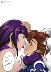  alternate_hairstyle brown_hair bun_cover chun-li cuffs double_bun english eye_contact fingerless_gloves gloves hair_down halterneck han_juri hand_on_another's_head hand_on_another's_shoulder handcuffs imminent_kiss long_hair looking_at_another multiple_girls purple_hair push!_(pushmylove) speech_bubble street_fighter street_fighter_iv_(series) tongue tongue_out trembling yuri 