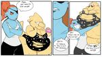  2015 alphys belly big_belly blue_skin breasts clothing dialogue english_text female female/female fish lifting marine monster obese overweight scalie shamelesss text torn_clothing undertale undyne video_games wide_hips 
