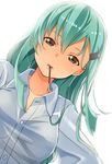  absurdres aqua_eyes aqua_hair blush byte_(allbyte) food hair_ornament hairclip highres kantai_collection long_hair looking_at_viewer mouth_hold open_mouth pocky pocky_day school_uniform solo suzuya_(kantai_collection) 