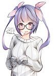  bad_id bad_pixiv_id glasses i-19_(kantai_collection) kantai_collection long_hair nekobaka purple_hair red_eyes ribbed_sweater sleeves_past_wrists solo sweater twintails 