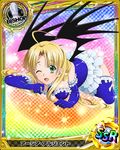  ;d ahoge asia_argento bishop_(chess) blonde_hair blue_legwear card_(medium) character_name chess_piece demon_wings elbow_gloves gloves green_eyes high_school_dxd long_hair looking_at_viewer official_art one_eye_closed open_mouth smile solo thighhighs trading_card wings 