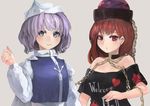 bad_id bad_twitter_id bare_shoulders blue_eyes blush chain clothes_writing collar grey_background hat hecatia_lapislazuli ichiba_youichi lavender_hair letty_whiterock long_sleeves looking_at_viewer multiple_girls off_shoulder polos_crown puffy_sleeves red_eyes red_hair shirt short_hair short_sleeves simple_background smile t-shirt touhou turtleneck upper_body vest 