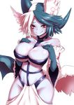  bare_shoulders black_gloves black_hair blue_skin breasts gloves hands_on_own_chest hip_vent horns juugoya_(zyugoya) kaiten_muten-maru large_breasts multicolored_hair queen_morte red_eyes smile solo two-tone_hair white_hair 