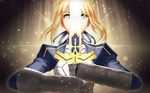  armor artoria_pendragon_(all) bad_id bad_pixiv_id blonde_hair breastplate excalibur fate/grand_order fate_(series) glowing green_eyes juliet_sleeves kxxxxxxxxxxx long_sleeves puffy_sleeves saber solo sword weapon 