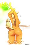  2015 anthro anthrofied applejack_(mlp) big_butt blonde_hair breasts butt earth_pony equine female freckles friendship_is_magic hair horse mammal murderousart my_little_pony nipples pony pussy rear_view side_boob simple_background solo standing stretching white_background 