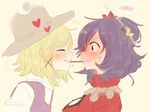  2girls blonde_hair blush closed_eyes eyes_closed full-face_blush grin hair_bun hairband hat heart keemoringo looking_at_another mirror moriya_suwako mouth_hold multiple_girls pocky pocky_day pocky_kiss profile purple_hair red_eyes rope shared_food shirt short_hair smile sweat touhou turtleneck upper_body vest wavy_mouth yasaka_kanako yuri 