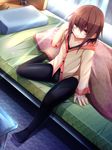  bed bed_sheet bedroom blouse brown_eyes brown_hair casual commentary_request curtains feet fuuki_(te_fuukin) highres indoors kantai_collection no_shoes open_mouth panties panties_under_pantyhose pantyhose pillow short_hair sitting smile solo striped striped_panties sunlight underwear wakaba_(kantai_collection) window 