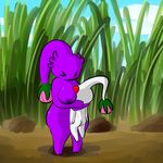  1-upclock anus balls big_breasts breasts butt cute duo female flora_fauna flower hug male male/female nintendo nipples not_furry pikmin plant purple_pikmin simple_background size_difference squish video_games white_pikmin 
