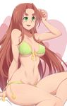  bikini brown_hair dc_comics eyebrows front-tie_top green_eyes highres long_hair navel open_mouth side-tie_bikini sitting smile solo starfire stormcow swimsuit teen_titans very_long_hair 