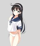  black_hair blush breasts kantai_collection long_hair medium_breasts no_pants panties remodel_(kantai_collection) school_uniform serafuku smile solo touyama_eight underwear ushio_(kantai_collection) white_panties 