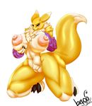  ber00_(artist) big_breasts black_sclera blue_eyes blush breast_grab breast_squish breasts chest_tuft detached_sleeves digimon erect_nipples female fur hi_res huge_breasts muscular nipples nude pose pubes pussy renamon simple_background smile solo thick_thighs tuft voluptuous 