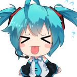  &gt;_&lt; ahoge bai_yemeng blue_hair blush_stickers chibi closed_eyes detached_sleeves flying_sweatdrops hatsune_miku headset long_hair long_sleeves necktie shirt skirt solo tattoo tongue tongue_out twintails vocaloid wide_sleeves 