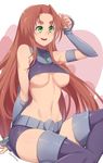  areola_slip areolae armlet boots breasts brown_hair dc_comics eyebrows gorget green_eyes highres long_hair medium_breasts midriff navel open_mouth sitting skirt smile solo starfire stomach stormcow teen_titans thigh_boots thighhighs underboob very_long_hair 