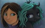  2015 a_voice_among_the_strangers black_body blue_eyes brown_hair changeling duo ebony_(avots) equine eyelashes fan_character fangs female feral friendship_is_magic genbulein green_eyes green_hair hair head_shot horn human jessica_(avots) mammal my_little_pony smile 