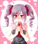  blush drill_hair food idolmaster idolmaster_cinderella_girls incoming_kiss iseno_yajin kanzaki_ranko long_hair looking_at_viewer mouth_hold pocky pocky_day red_eyes silver_hair solo twin_drills twintails upper_body 