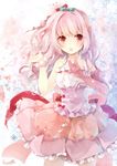  bare_shoulders bow bracelet covered_mouth dress elbow_gloves flower gloves hair_bow hair_flower hair_ornament jewelry long_hair looking_at_viewer original pink_dress pink_eyes pink_gloves pink_hair puracotte red_eyes ribbon signature single_glove skirt solo standing 