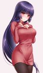  bangs blunt_bangs blush breasts gym_leader hime_cut hizuki_akira jpeg_artifacts large_breasts long_hair natsume_(pokemon) pantyhose pokemon pokemon_(game) purple_hair red_eyes solo sweater 