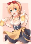  :o absurdres alcohol apron beer blush bow breasts cleavage collarbone cowboy_shot dirndl dress drink frills froth german_clothes green_eyes hair_bow hairband highres kantai_collection kapatarou looking_at_viewer low_twintails medium_breasts open_mouth orange_apron pink_background prinz_eugen_(kantai_collection) puffy_short_sleeves puffy_sleeves short_hair short_sleeves simple_background solo traditional_clothes twintails waist_apron 