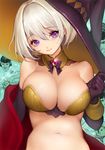  bad_id bad_twitter_id bare_shoulders black_gloves breasts cape choker cleavage copyright_request dadachyo doge elbow_gloves gem glint gloves hat head_tilt jewelry large_breasts looking_at_viewer midriff navel purple_eyes ruby_(stone) shiba_inu short_hair silver_hair smile solo upper_body witch_hat wrist_cuffs 