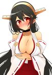  bad_id bad_nicoseiga_id bare_shoulders black_hair blush breast_hold breasts cleavage collarbone detached_sleeves hair_ornament hairband hairclip haruna_(kantai_collection) headgear highres kantai_collection large_breasts long_hair looking_at_viewer nontraditional_miko ribbon-trimmed_sleeves ribbon_trim simple_background skirt solo tsukui_kachou upper_body very_long_hair white_background 