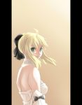  ahoge artoria_pendragon_(all) bare_shoulders black_ribbon blonde_hair breasts detached_sleeves fate/stay_night fate/unlimited_codes fate_(series) fork_(357022) green_eyes highres medium_breasts pillarboxed ribbon saber saber_lily sideboob simple_background smile solo type-moon 