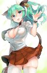  animal_ears blue_eyes blush breasts cleavage cow_ears cow_girl cow_horns cow_tail ear_tag green_hair horns large_breasts long_hair looking_at_another naso4 open_mouth original short_sleeves skirt smile solo tail thighhighs twintails white_legwear 