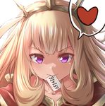  &gt;:) blonde_hair cagliostro_(granblue_fantasy) collarbone crown granblue_fantasy hairband heart heart-shaped_pupils long_hair looking_at_viewer mouth_hold paper pi_(math) portrait purple_eyes smile solo spoken_heart symbol-shaped_pupils tai_(nazutai) tiara v-shaped_eyebrows 