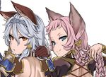  animal_ears asanagi back backless_outfit bangs blue_eyes braid cat_ears erune esser from_behind granblue_fantasy hair_between_eyes hair_lift hair_ornament hair_tubes hairband heles holding holding_hair long_hair looking_at_viewer looking_back multiple_girls orange_eyes parted_lips pink_hair quad_braids shoulder_pads silver_hair simple_background smile spikes twin_braids upper_body white_background work_in_progress 