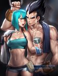  1girl aqua_eyes aqua_hair banned_artist black_hair breasts bulma couple crop_top dragon_ball dragon_ball_z fingerless_gloves gloves hetero medium_breasts midriff navel sakimichan short_shorts shorts single_fingerless_glove sweat tank_top towel vegeta 