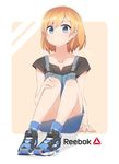  bad_id bad_pixiv_id blue_eyes hymn_lee light_brown_hair looking_at_viewer miyamori_aoi overalls product_placement reebok shirobako shoes short_hair sitting solo 