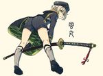  androgynous bent_over cape garters green_eyes grey_legwear hat hotarumaru kneehighs looking_back male_focus mayokichi ootachi shorts silver_hair sock_garters solo sword touken_ranbu weapon 