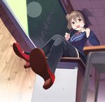  :d akagi_miria bespectacled black_legwear blush brown_eyes brown_hair chalkboard crossed_legs desk foreshortening furukawa_itsuse glasses highres idolmaster idolmaster_cinderella_girls long_sleeves looking_at_viewer open_mouth outstretched_leg pointer school_desk short_hair sitting smile solo thighhighs translation_request twintails two_side_up 