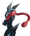  crossed_arms from_behind gen_6_pokemon greninja kanikou7 looking_at_viewer looking_back no_humans pokemon pokemon_(creature) red_eyes shiny_pokemon simple_background solo tongue tongue_out white_background 