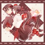  1girl boots couple food hat hetero holding_hands japanese_clothes juugonichi_(wheeliex2) long_hair original pocky pocky_kiss ponytail shared_food skirt 