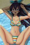  antenna_hair armpits beach_towel bikini black_hair blue_eyes blush bow breasts breasts_apart collarbone from_above ganaha_hibiki hair_between_eyes hair_bow hand_behind_head high_ponytail highres idolmaster idolmaster_(classic) long_hair looking_at_viewer lying medium_breasts midriff navel on_back open_mouth ponytail sand seraphina shade solo spread_legs striped striped_bikini sweatdrop swimsuit tan towel underboob 