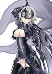  absurdres armor black_legwear blonde_hair braid breasts capelet cleavage corset fate/grand_order fate_(series) faulds gauntlets headpiece heirou highres jeanne_d'arc_(alter)_(fate) jeanne_d'arc_(fate)_(all) large_breasts long_hair single_braid smile solo thighhighs yellow_eyes 