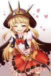  bangs black_legwear blonde_hair blush bow cagliostro_(granblue_fantasy) cape crown fuyuzora granblue_fantasy hairband heart highres hood long_hair looking_at_viewer one_eye_closed open_mouth purple_eyes red_skirt skirt smile solo thighhighs 
