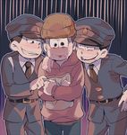  aoki_(fumomo) arm_around_shoulder bad_id bad_twitter_id bag beanie boy_sandwich brothers brown_hair gradient gradient_background grin hand_on_hip hat hood hoodie male_focus matsuno_choromatsu matsuno_ichimatsu matsuno_todomatsu multiple_boys osomatsu-kun osomatsu-san police police_uniform sandwiched siblings smile sweat uniform 