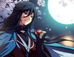  black_hair blue_eyes braid cherry_blossoms cup full_moon izumi-no-kami_kanesada japanese_clothes male_focus mayokichi moon petals sakazuki side_braid smile solo touken_ranbu upper_body 