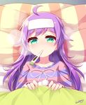  artist_name blueberry_(5959) blush bow digital_thermometer green_eyes highres long_hair looking_at_viewer manaka_lala pretty_(series) pripara purple_hair sick solo sweat thermometer under_covers watermark 