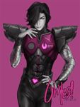  adapted_costume android black_hair boysquad cowboy_shot english grey_skin hair_over_one_eye hand_on_hip heart looking_at_viewer male_focus mettaton_ex pauldrons pink_background purple_eyes realistic robot_joints simple_background solo standing undertale watermark web_address 