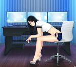  ahoge aithne_(khalitzburg) bare_legs black_hair blue_background brown_eyes computer display from_side high_heels highres indoors khalitzburg leaning_forward long_hair looking_at_viewer monitor no_panties o-ring o-ring_bottom original parted_lips shirt short_shorts short_sleeves shorts solo striped striped_background vertical-striped_background vertical_stripes wall white_shirt 