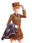  adjusting_clothes adjusting_hat asparagus_(girls_und_panzer) bc_freedom_military_uniform blonde_hair blue_eyes coat cowboy_shot dorotabou_(dieter) dress_shirt girls_und_panzer girls_und_panzer_ribbon_no_musha gloves hat highres holding jacket kepi long_sleeves looking_away military military_hat military_uniform miniskirt necktie pelisse pleated_skirt shirt short_hair skirt smile solo standing uniform white_background white_gloves 