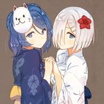  blue_eyes blue_hair brown_background flower fox_mask hair_flower hair_ornament hair_over_one_eye hairclip hamakaze_(kantai_collection) holding_hands japanese_clothes kanamura_will kantai_collection kimono looking_at_viewer mask multiple_girls silver_hair simple_background smile symmetrical_hand_pose urakaze_(kantai_collection) 